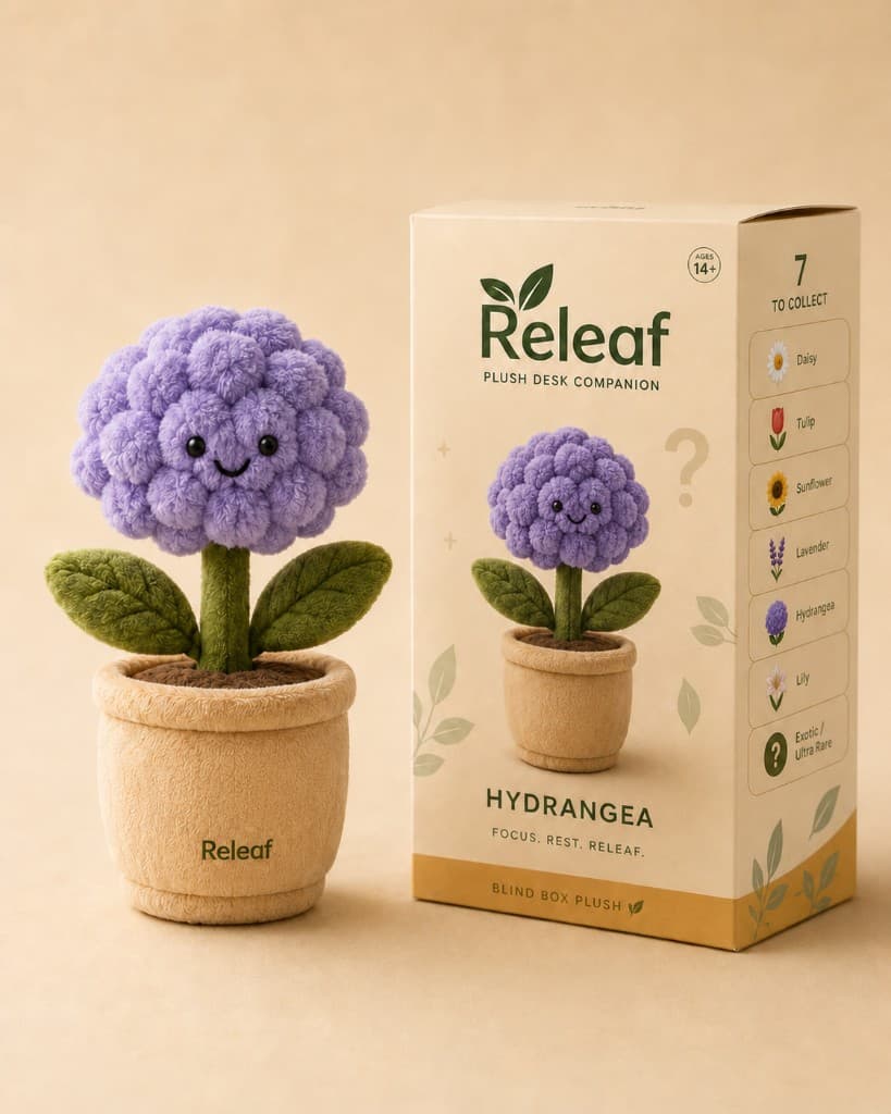 Hydrangea plush desk companion with collector box