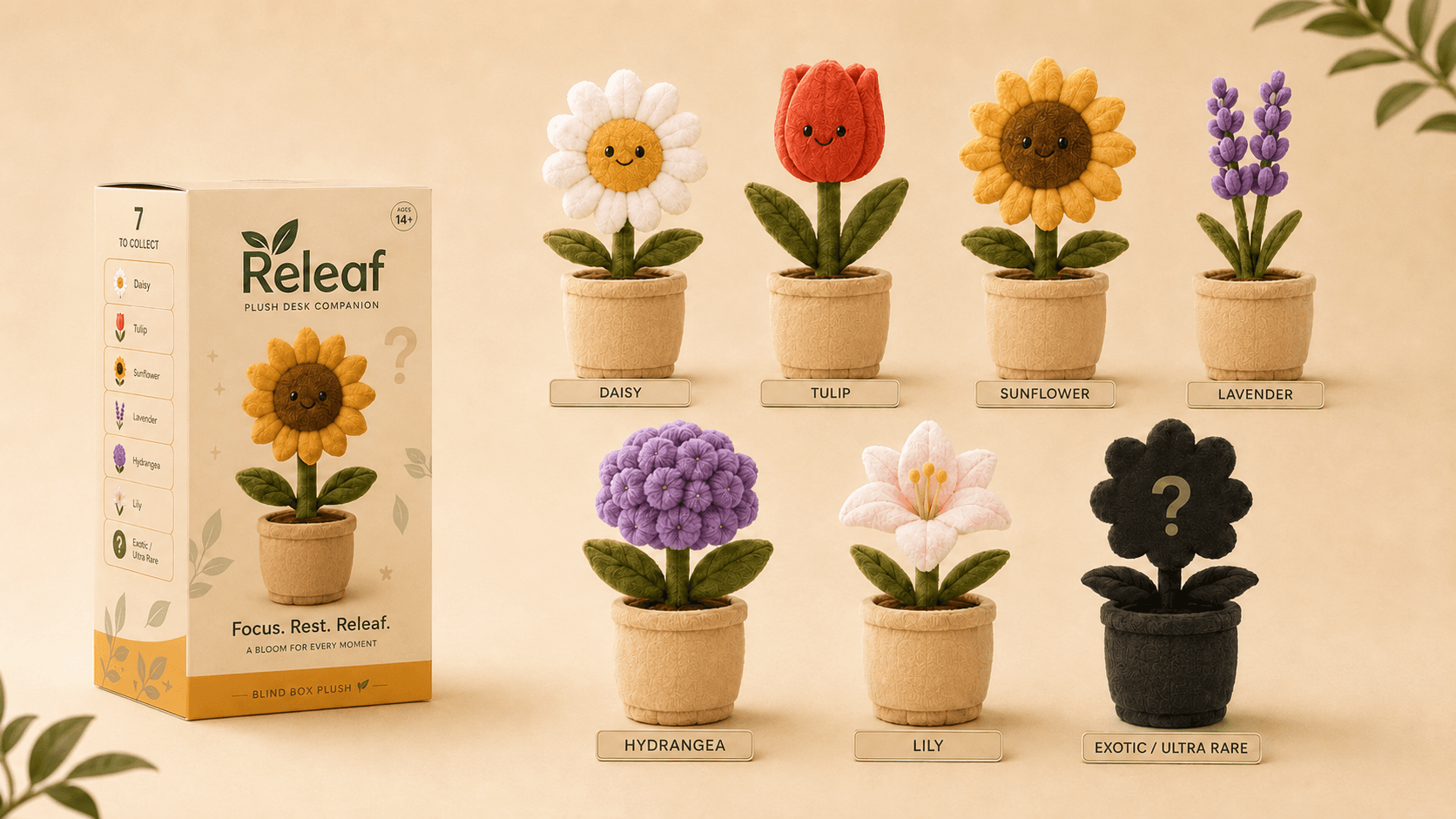 All seven Releaf plush flowers lined up in their beige pots beside the box: daisy, tulip, sunflower, lavender, hydrangea, lily and the black exotic bloom