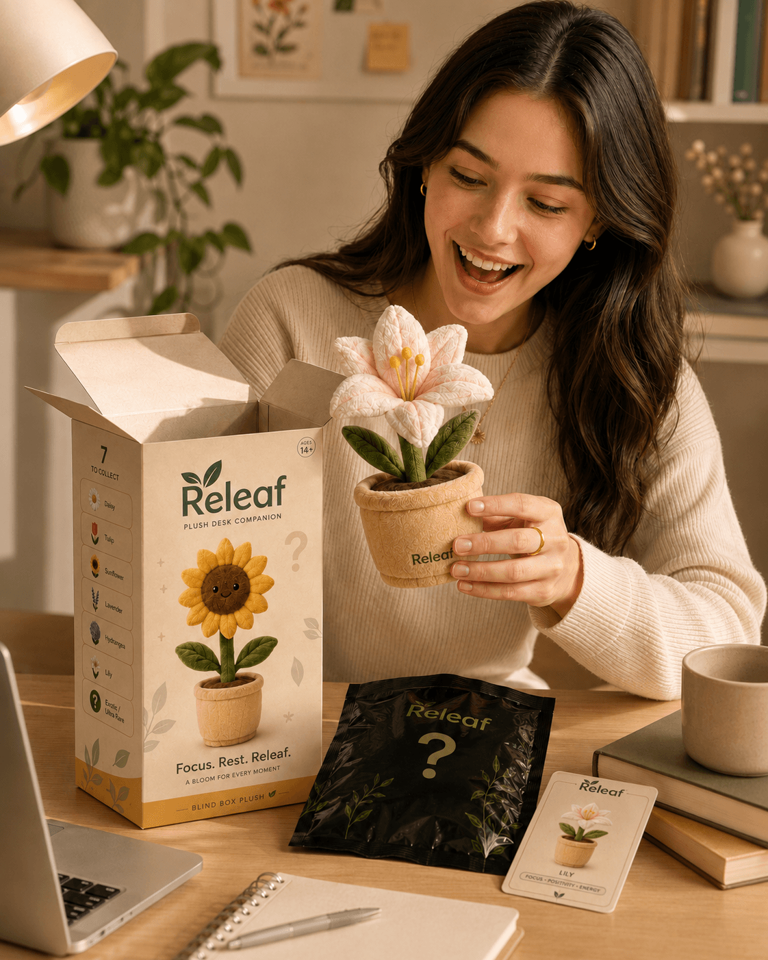 A smiling person opening a Releaf blind box and lifting out the pink Lily plush desk companion